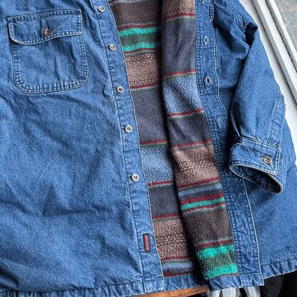 Vintage 90s Wolverine Denim Shirt Jacket Aztec Fleece Lined L/G Western Workwear - Picture 2 of 10